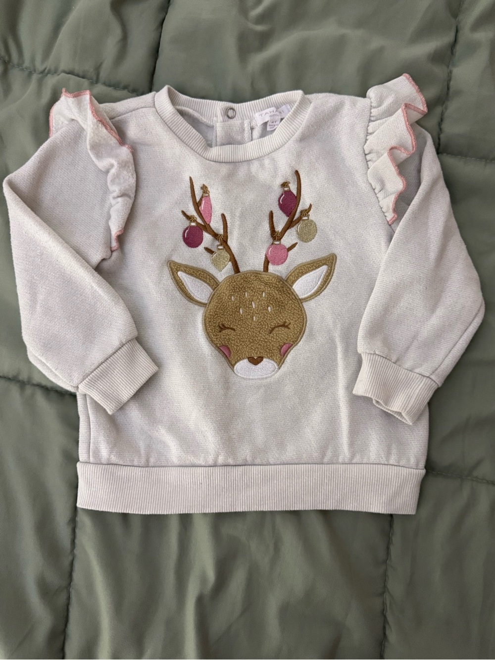 Tahari Cream Sweatshirt with Gold & Pink Reindeer Applique